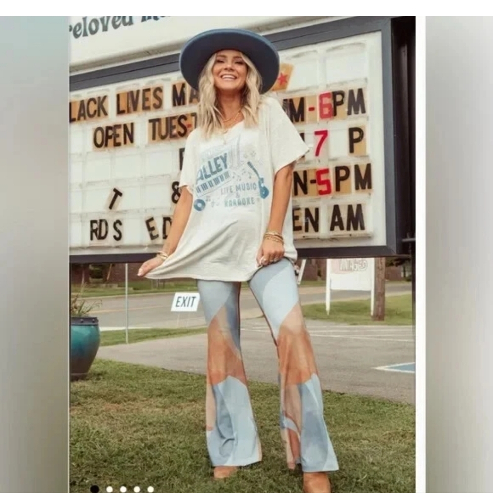 Show Me Your MuMu Blue and Tan Patchwork Boot Cut Jumpsuit Pants